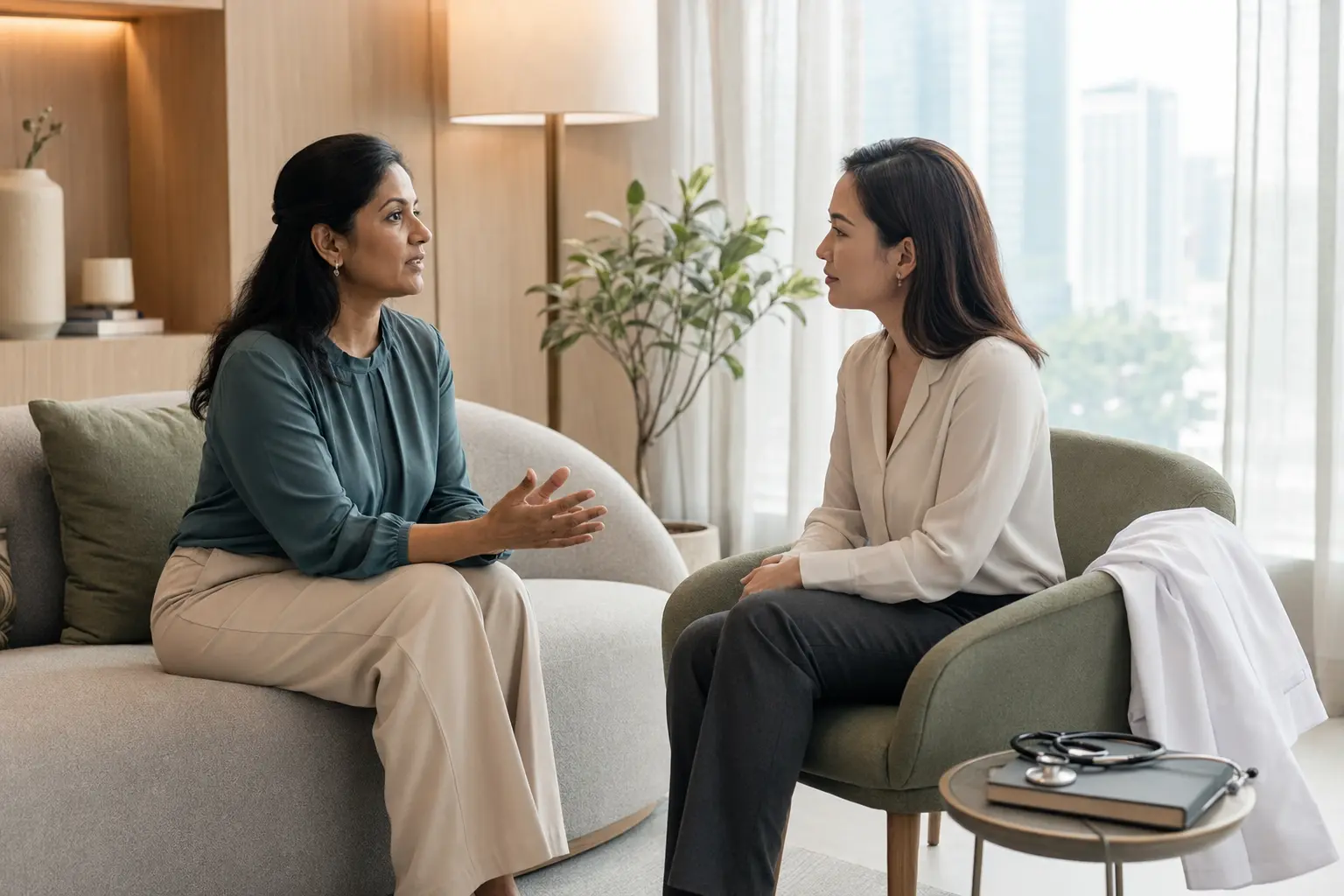 A doctor in a confidential counselling session with an experienced counsellor